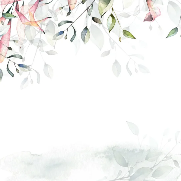 Акварелью окрашены цветочные рамки. Устройство с зелеными ветвями и розовыми листьями. Свадебный шаблон. — стоковое фото