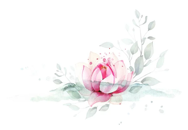 Arrangement with green leaves branches, pink lotus flower and abstract washes. Watercolor painted floral arrangement. — Stock Photo, Image