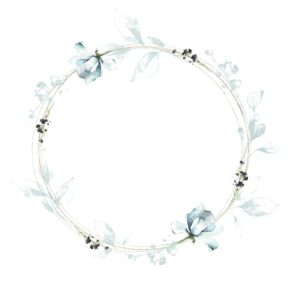 Disposizione cornice con rami blu, foglie, fiori ed elementi frafici oro. Acquerello dipinto corona floreale. — Foto Stock