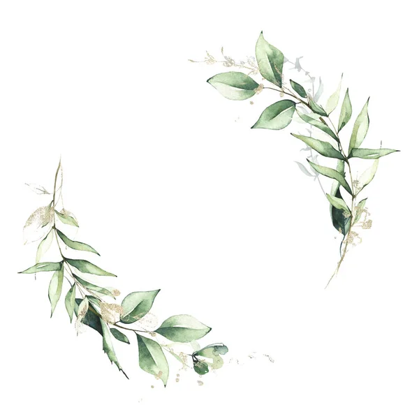 Gestaltungsrahmen mit grünen Zweigen und Blättern und goldenen grafischen Elementen. Aquarell bemalter Blumenkranz. — Stockfoto
