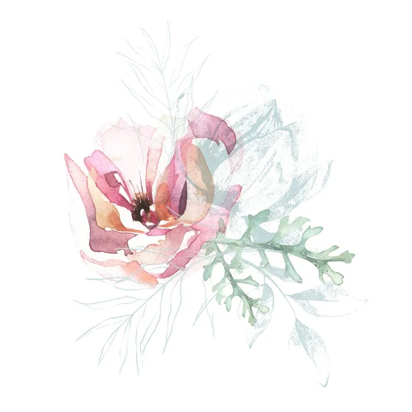 Aquarela pintado buquê floral. Arranjo com flor de rosa arejada, ramos, folhas. — Fotografia de Stock