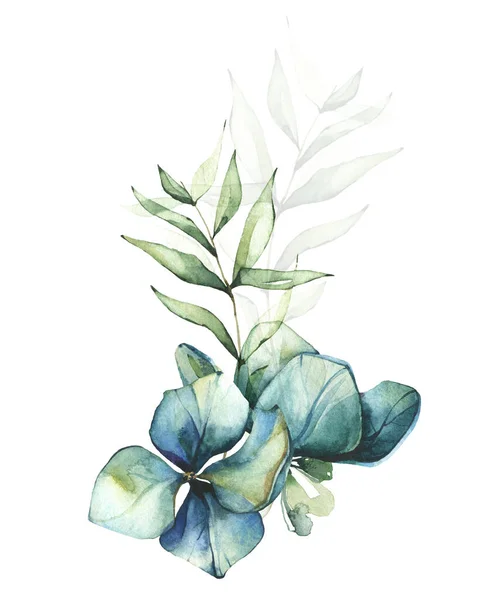 Bouquet mit grünen Blättern, blauen und violetten Hortensienblüten. Aquarell bemalter Blumenstrauß. — Stockfoto