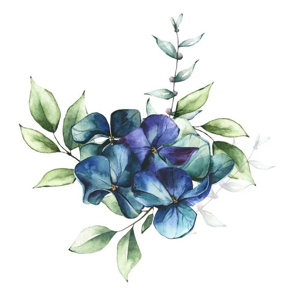 Bouquet mit grünen Blättern, blauen und violetten Hortensienblüten. Aquarell bemalter Blumenstrauß. — Stockfoto