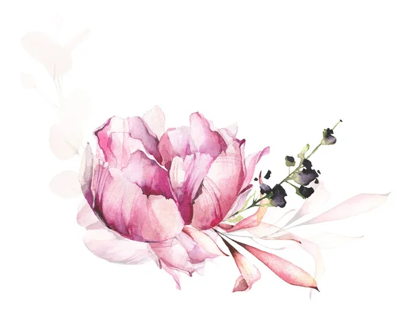 Układ z eterycznym różowym kwiatem piwonii, gałęziami, liśćmi. Akwarela malowane kwiatowy bukiet. — Zdjęcie stockowe