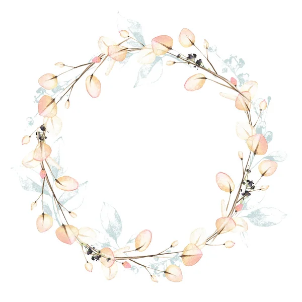 Arreglo marco con ramas azules y rosadas, hojas. Corona floral pintada de acuarela. — Foto de Stock