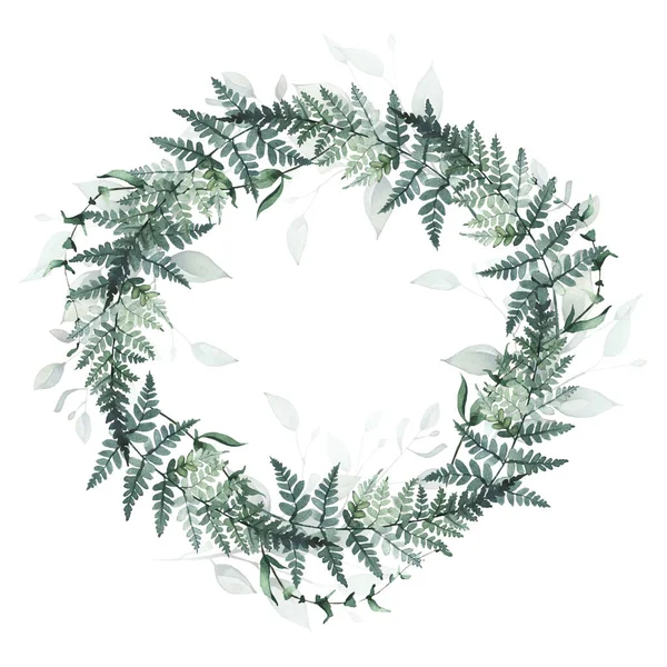 Arrangement-Rahmen mit grünen Zweigen und Farnblättern. Aquarell bemalter Blumenkranz. — Stockfoto