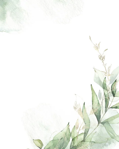 Aquarell gemalte zarte grüne Rahmenvorlage. Grün und Hintergrund mit Zweigen, Blättern und abstrakten Wäschen. — Stockfoto