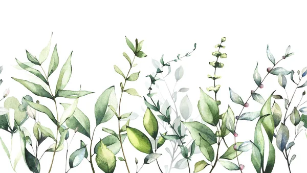 Aquarell bemalte grüne Rahmenvorlage. Bouquet mit grünen Zweigen und Blättern. Nahtlose Grenze — Stockfoto