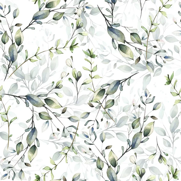 Green wild twigs and branches with leaves. Watercolor floral seamless pattern. — Stock Photo, Image