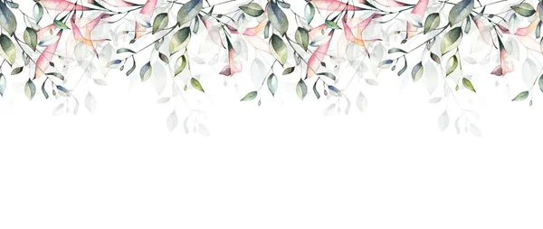 Aquarell bemalter floraler Rahmen. Arrangement mit Zweigen und Blättern. Nahtlose Grenze — Stockfoto