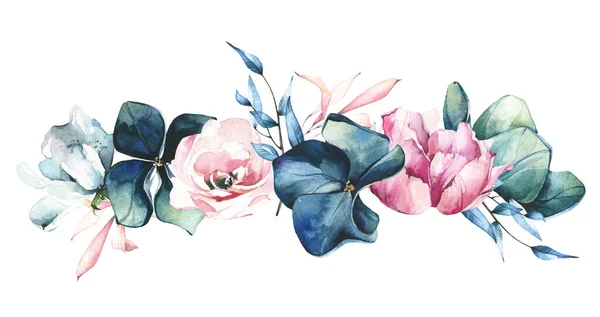 Watercolor painted floral border bunch. Bouquet with leaves, blue hydrangea flowers, pink roses. — Stock Photo, Image