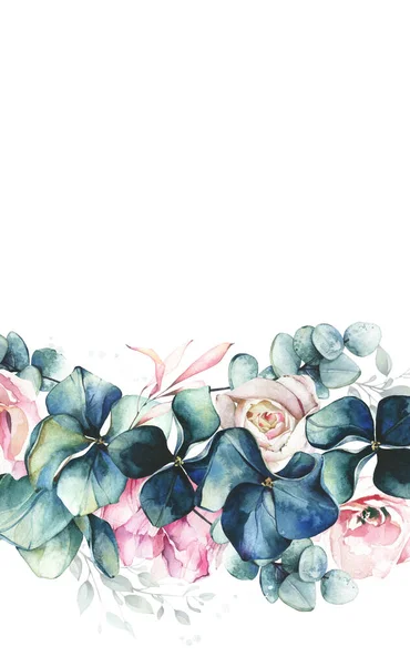 水彩画の花の境界フレームを描いた。葉付きの花束、青いアジサイの花、ピンクのバラ。結婚式のテンプレート — ストック写真