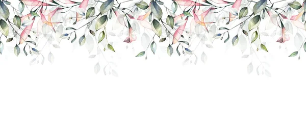 Watercolor painted floral frame. Arrangement with branches and leaves. Seamless border — Stock Photo, Image