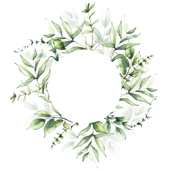 Delicate greenery round frame template watercolor painted. Background with branches, green leaves. Wedding ready design. — Stock Photo, Image