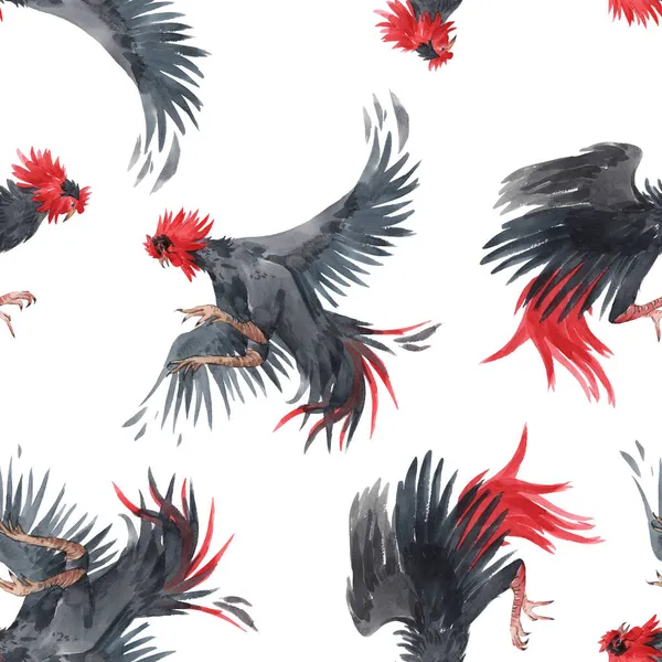 Beautiful seamless pattern with watercolor black roosters. Stock illustration. — Stock Photo, Image