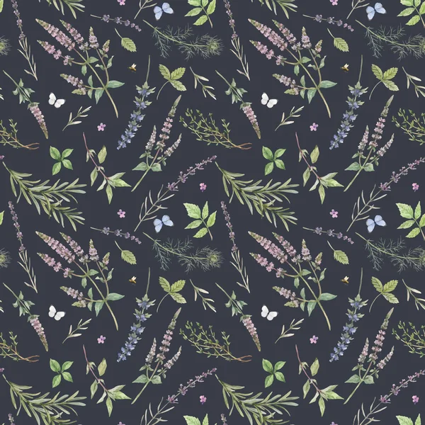 Beau motif floral sans couture avec aquarelle dessinée à la main fleurs de menthe douce et autres herbes. L'illuistration des stocks. Vecteur autotracé. — Image vectorielle