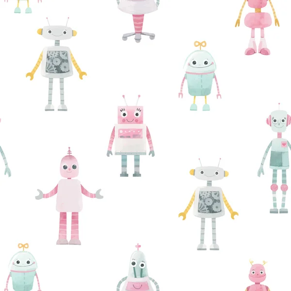 Красивий безшовний візерунок дівчинки з милою рукою намальованих акварельних роботів. Стокова ілюстрація. Автоматичний вектор . — стоковий вектор
