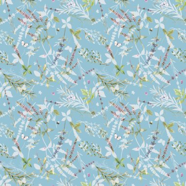 Güzel, pürüzsüz çiçek desenleri, elle çizilmiş suluboya, nane çiçekleri ve diğer otlar. Stock illuistration. Otomatik kodlanmış vektör.