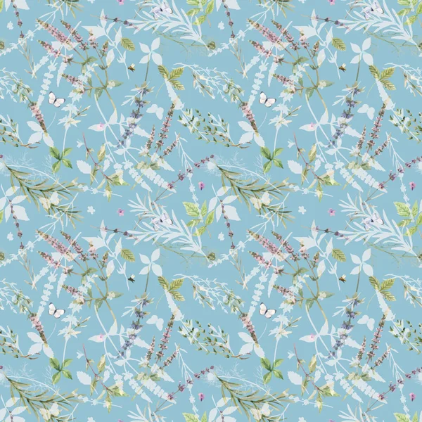 Beau motif floral sans couture avec aquarelle dessinée à la main fleurs de menthe douce et autres herbes. L'illuistration des stocks. Vecteur autotracé. — Image vectorielle