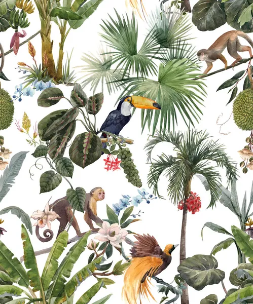 Bellissimo motivo floreale tropicale senza soluzione di continuità con acquerello disegnato a mano palme esotiche giungla e animali. Scimmia tucano e uccello paradiso. Illustrazione delle scorte. — Foto Stock