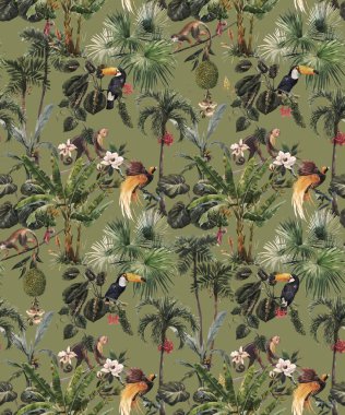 Güzel, pürüzsüz tropikal desenli, elle çizilmiş suluboya, egzotik palmiye ağaçları ve hayvanlar. Tukan maymunu ve cennet kuşu. Stok illüstrasyonu.