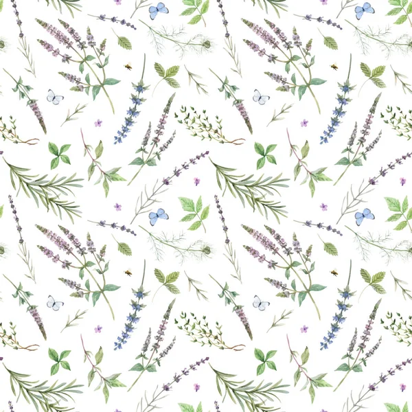 Schöne nahtlose Blumenmuster mit handgezeichneten Aquarellen sanfter Minzblüten und anderen Kräutern. Aktienillusion. Autotrassierter Vektor. — Stockvektor