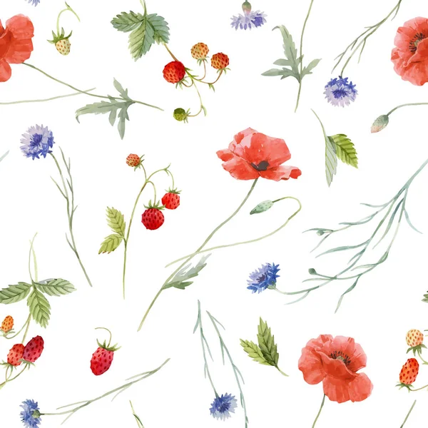 Hermoso vector patrón floral sin costuras con acuarela dibujada a mano suaves flores del campo silvestre amapola de aciano. Ilustración de existencias. — Vector de stock