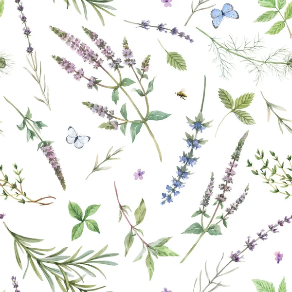 Schöne nahtlose Blumenmuster mit handgezeichneten Aquarellen sanfter Minzblüten und anderen Kräutern. Aktienillusion. Autotrassierter Vektor. — Stockvektor