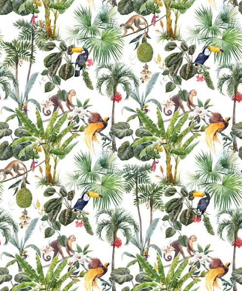 Beautiful seamless tropical floral pattern with hand drawn watercolor exotic jungle palm trees and animals. Toucan monkey and paradise bird. Stock illustration. — Stock Photo, Image