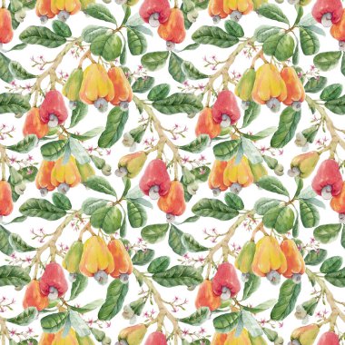 Güzel, pürüzsüz desenli suluboya elle çizilmiş renkli fındıklı dallar küçük çiçekler ve yeşil yapraklar. Stok illüstrasyonu.