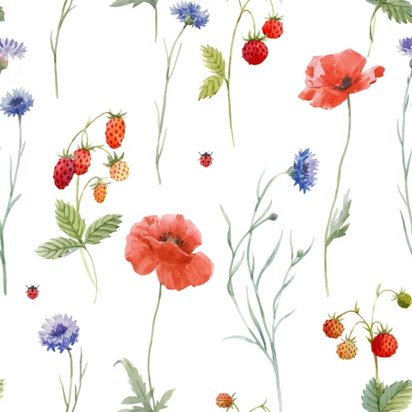 Magnifique motif floral vectoriel sans couture avec aquarelle dessinée à la main doux champ sauvage fleurs pavot de bleuet. Anomalies des stocks. — Image vectorielle