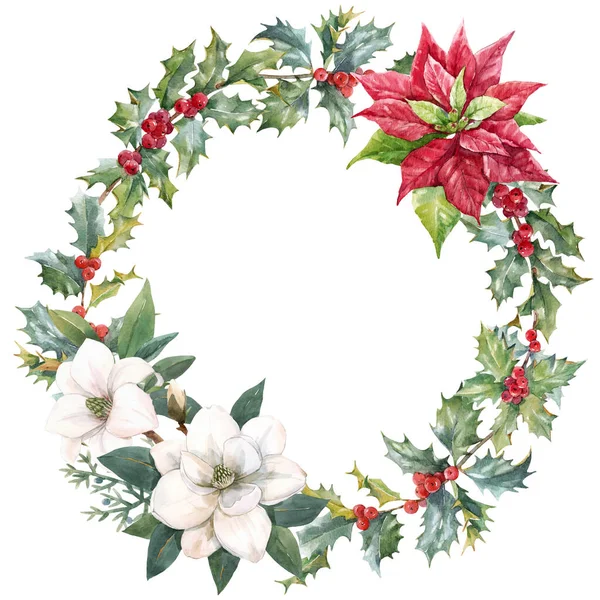 Όμορφο χριστουγεννιάτικο στεφάνι με ζωγραφισμένα στο χέρι ακουαρέλα χειμωνιάτικα λουλούδια όπως κόκκινο πουινσέτια και κλαδί αγίας. Απόθεμα 2022 απεικόνιση χειμώνα. — Φωτογραφία Αρχείου