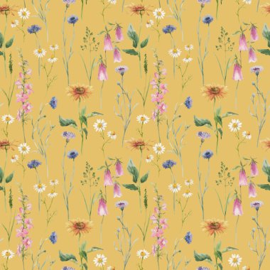 Güzel vektörsüz çiçek deseni, elle çizilmiş suluboya, nazik kır çiçekleri. Stok resimlemesi.