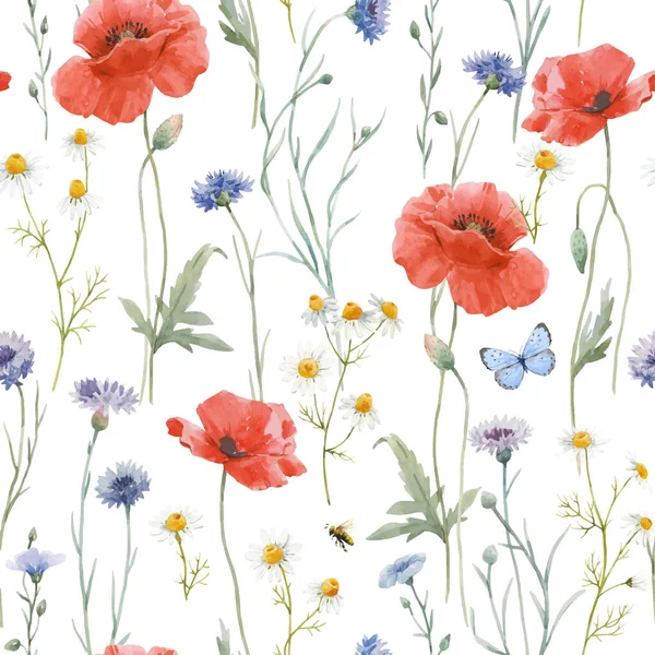 아름다운 벡터 물감없는 꽃무늬와 손으로 뽑은 잔잔 한 야생의 들판에 는 옥수수 꽃 모양의 꽃이 핀다. Stock illustration. — 스톡 벡터