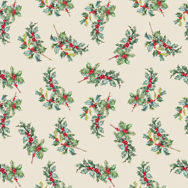 Piękne kwiaty Boże Narodzenie bezszwowy wzór z ręcznie rysowane akwarelowe gałązki ostrokrzewu. Ilustracja zimy 2022. — Zdjęcie stockowe