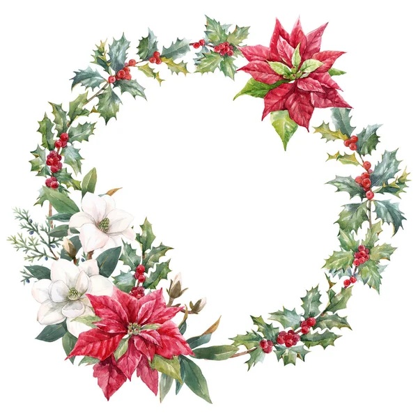 아름다운 크리스마스 트리에는 붉은 점착성 과굵은 가지같은 수채화를 손으로 그린 수채화가 들어 있다. Stock 2022 winter illustration. — 스톡 사진