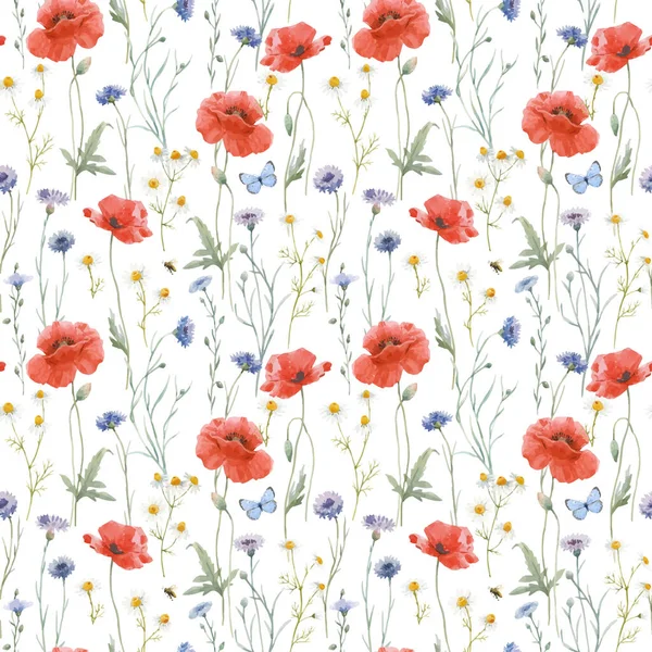 Beautiful vector seamless floral pattern with hand drawn watercolor gentle wild field flowers cornflower poppy. Stock illuistration. — Stock Vector