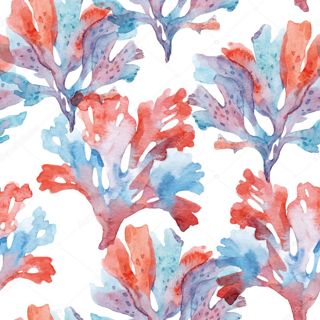 Beautiful vector seamless underwater pattern with watercolor sea life coral shell and starfish. Stock illustration.