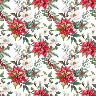 Çiçeksiz güzel bir Noel deseni ve elle çizilmiş suluboya kış çiçekleri. Kırmızı noktalı çiçek gibi. Stock 2022 kış illüstrasyonu.