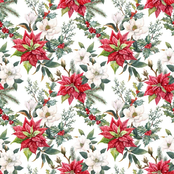 Beau motif floral de Noël sans couture avec des fleurs d'hiver aquarelle dessinées à la main telles que le houx poinsettia rouge. Stock 2022 illustration d'hiver. — Photo