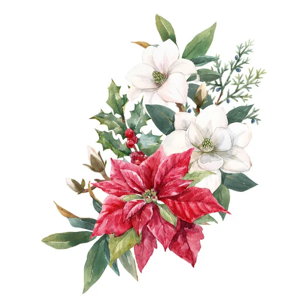 Gyönyörű virágos karácsonyi kompozíció kézzel rajzolt akvarell téli virágok, mint a piros poinsettia magyal. Készlet 2022 téli illusztráció. — Stock Fotó