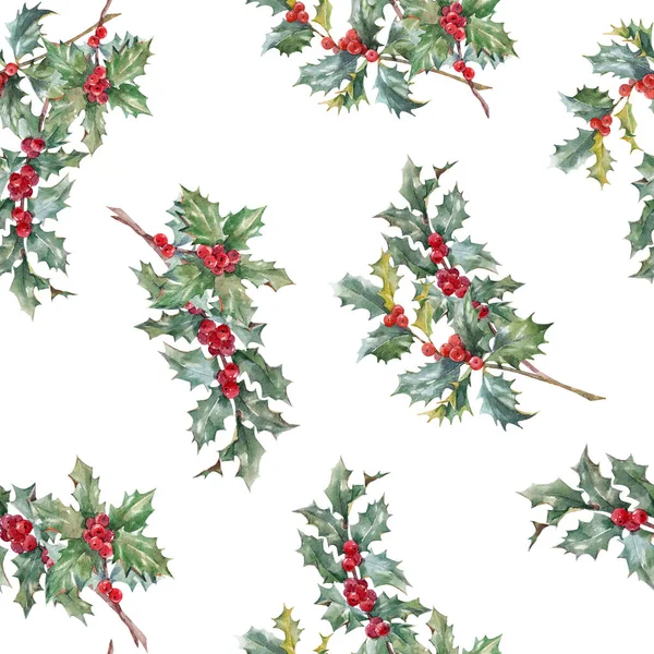 Beautiful floral christmas seamless pattern with hand drawn watercolor holly branches. Stock 2022 winter illustration. — Stock Photo, Image