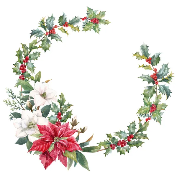 Belle couronne de Noël florale avec des fleurs d'hiver aquarelle dessinées à la main telles que poinsettia rouge et branche de houx. Stock 2022 illustration d'hiver. — Photo