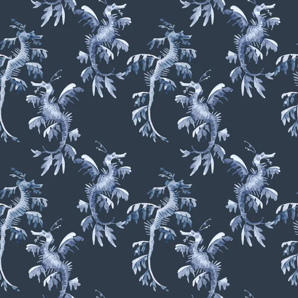 Όμορφη διάνυσμα απρόσκοπτη υποβρύχια μοτίβο με υδατογραφία ιππόκαμπος. Εικονογράφηση αποθέματος. — Διανυσματικό Αρχείο