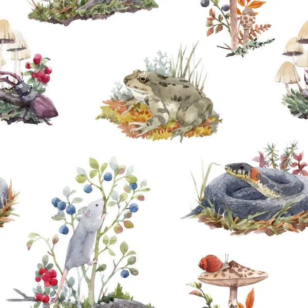 Magnifique motif de forêt sans couture vectoriel avec aquarelle mignonne dessinée à la main animaux sauvages serpent grenouille de souris et les champignons baies. Illustration de stock. — Image vectorielle