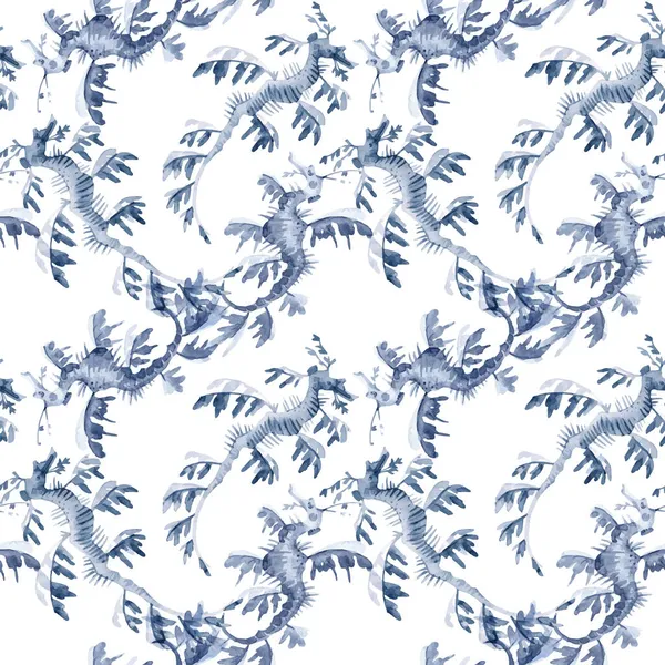 Magnifique motif sous-marin sans couture vectoriel avec hippocampe aquarelle. Illustration de stock. — Image vectorielle