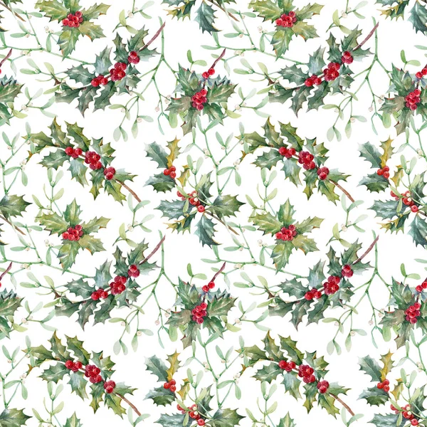 Hermoso patrón sin costuras de Navidad floral con las ramas de acebo acuarela dibujado a mano. Stock 2022 ilustración de invierno. — Foto de Stock