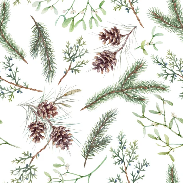 Gyönyörű virágos karácsonyi zökkenőmentes minta kézzel rajzolt akvarell téli erdő lucfenyő ág és kúp. Készlet 2022 téli illusztráció. — Stock Fotó