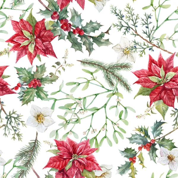 Hermoso patrón inconsútil de Navidad floral con flores de invierno de acuarela dibujadas a mano, como acebo rojo poinsettia. Stock 2022 ilustración de invierno. — Foto de Stock