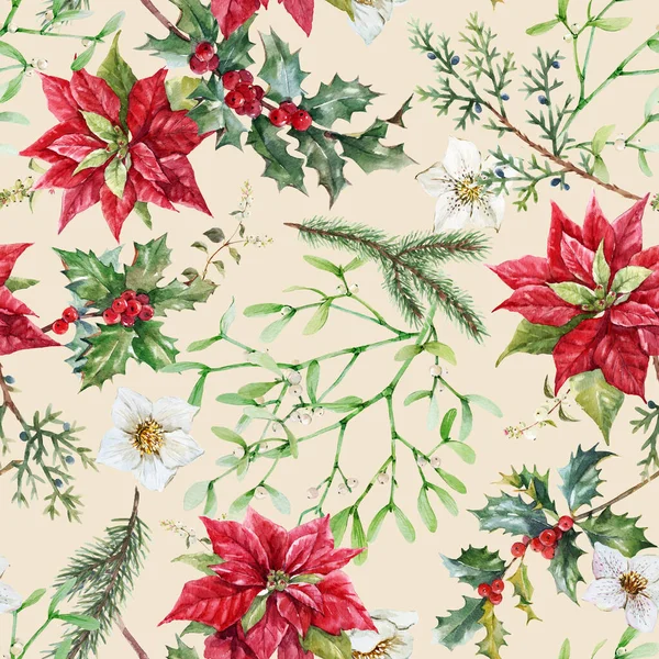 手描きの水彩画の冬の花と美しい花のクリスマスのシームレスなパターンは、赤のポインセチアのホリーなど。株式2022年冬イラスト. — ストック写真